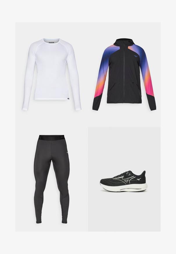 Schwarze leichte Jacke mit einem verlaufenden Design in Lila, Orange und Pink. Mit Reißverschluss, Kapuze und zwei vorderen Taschen.; Weißes Langarmhemd aus glattem, leichtem Material. Verfügt über einen Rundhalsausschnitt und Flachnähte. Enthält das GripGrab-Logo am Kragen.; Kompressionsleggings aus dehnbarem schwarzen Stoff mit tailliertem Design. Sie verfügen über einen breiten Bund und kontrastierende Nähte.; Schwarze Laufschuhe mit einem strukturierten Mesh-Obermaterial, weißer Zwischensohle und hellgrauen Akzenten; verfügt über ein Schnürdesign und eine runde Zehenpartie.