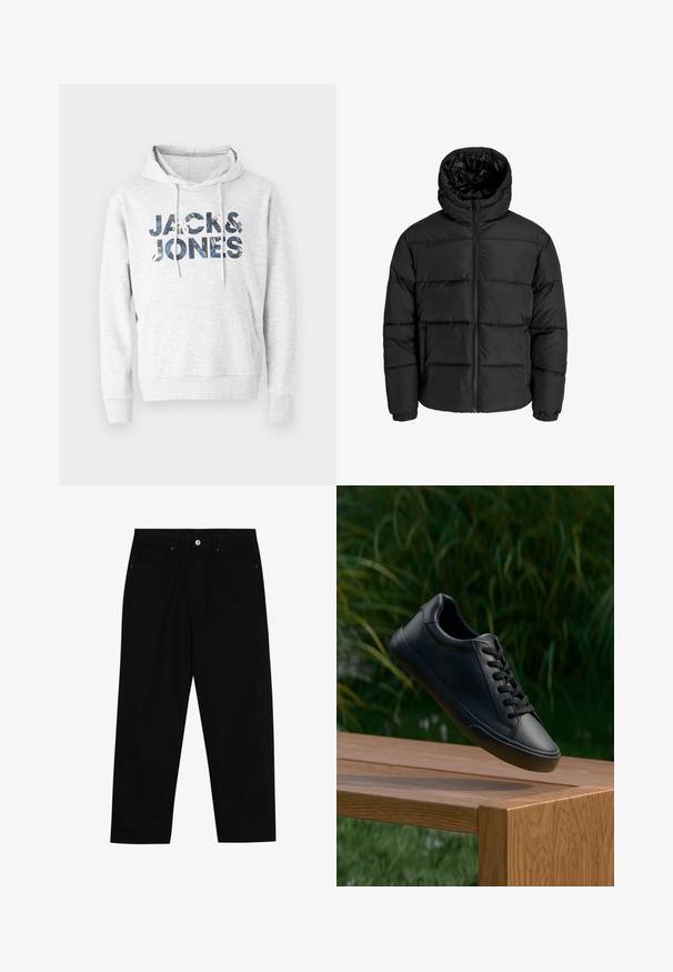 Chaqueta de plumas negra con cierre de cremallera en el frente, capucha y puños elásticos. Hecha de un material suave y resistente a la intemperie con un diseño acolchado.; Sudadera con capucha gris que presenta el texto "JACK & JONES" en un diseño estampado. Tejido suave con mangas largas y un bolsillo tipo canguro en la parte delantera.; Pantalones de mezclilla negra con corte recto, diseño de cinco bolsillos y cierre frontal con botón. Textura suave con detalles de costura mínimos.; Zapatilla de cuero negro con textura suave, punta redonda y cordones planos, posicionada sobre una superficie de madera con hierba verde al fondo.