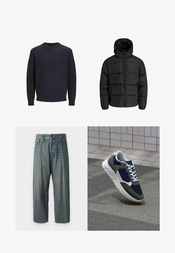 Črna puf jakna z zadrgo spredaj, kapuco in elastičnimi manšetami. Narejena iz gladkega, vremensko odpornega materiala s prešitim dizajnom.; Mornarsko rebrasto pleteno pulover s okroglim izrezom in dolgimi rokavi; ima teksturirano tkanino in prilegajoč rob v pasu.; Svetlomoderne kavbojke z ohlapnim krojem, srednjim pasom in ravnimi nogami. Imajo pet žepov, zanke za pas in zapiranje na gumb.; Superge z zgornjim delom iz mrežaste tkanine v mornarsko modri barvi, sivi usnjeni poudarki, belo gumijasto podplato in ravnimi belimi vezalkami, zasnovane za udobje in zračnost.