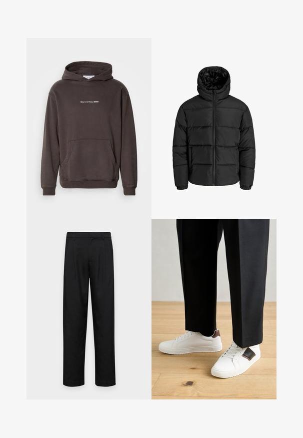 Chaqueta de plumas negra con cierre de cremallera en el frente, capucha y puños elásticos. Hecha de un material suave y resistente a la intemperie con un diseño acolchado.; Sudadera marrón con un bolsillo frontal, puños acanalados y dobladillo. Presenta un texto de logo blanco "Marc O'Polo DENIM" en el pecho. Material suave.; Pantalones negros de tela suave, con un diseño de pierna recta, dos pliegues frontales y una cintura estándar con trabillas para el cinturón.; Zapatillas blancas con textura suave, con acentos de cuero marrón y detalles en negro, combinadas con pantalones negros ajustados. Fondo de suelo de madera.