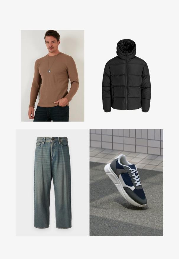 Must mühiga, millel on lukuga eesmine ja kapuuts, ning elastsed mansetid. Valmistatud siledast, ilmastikukindlast materjalist, mis on tikitud disainiga.; Pruun soonitud pikkade varrukatega särk, mis on valmistatud tekstureeritud kangast, ringjate kaeluseks ja istuva kehaga, kombineeritud tumedate teksadega.; Heledad sinine denim-stiilis teksad, volüümse lõike, keskmise kõrgusega talje ja sirgete säärega. Omab viit taskut, vöökumme ja nööpide sulgemist.; Sneaker, mille sinine võrkkangas, hallid nubukdetailid, valge kummitald ja lamedad valged paelad, disainitud mugavuseks ja hingavuseks.