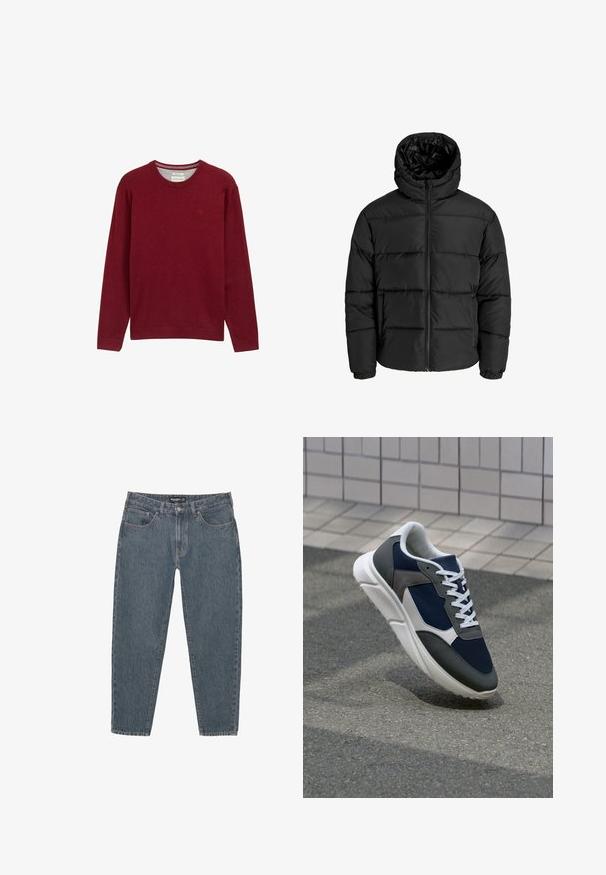 Giubbotto imbottito nero con zip frontale, cappuccio e polsini elastici. Realizzato in materiale liscio e resistente alle intemperie con un design trapuntato.; Maglione girocollo bordeaux realizzato in tessuto morbido. Maniche lunghe e polsini a coste con un piccolo logo ricamato sul petto. Texture liscia.; Jeans in denim blu scuro con vestibilità comoda, design a cinque tasche, chiusura con bottone e orlo leggermente sfilacciato. Materiale resistente con una texture sottile.; Sneaker con tomaia in rete blu navy, inserti in suede grigio, suola in gomma bianca e lacci bianchi piatti, progettata per comfort e traspirabilità.