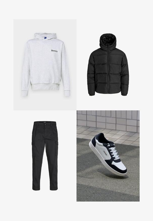 Giubbotto imbottito nero con zip frontale, cappuccio e polsini elastici. Realizzato in materiale liscio e resistente alle intemperie con un design trapuntato.; Felpa grigia chiara con tasca a marsupio, polsini e orlo a coste. Presenta la scritta "Bowery" stampata in nero sull'area sinistra del petto. Materiale in misto cotone.; Pantaloni cargo neri realizzati in un tessuto resistente, dotati di molteplici tasche, chiusura con bottone e un design aderente con gambe affusolate.; Sneaker in pelle bianca e blu navy con suola testurizzata, design con lacci e etichetta con marchio. Presenta un'area della punta perforata e un collare imbottito.