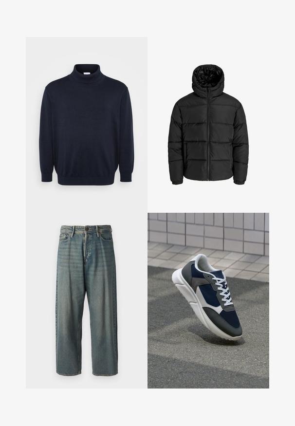 Giubbotto imbottito nero con zip frontale, cappuccio e polsini elastici. Realizzato in materiale liscio e resistente alle intemperie con un design trapuntato.; Jack & Jones JJEBASIC ROLL NECK - Maglione - navy; Jeans di denim azzurro chiaro con vestibilità ampia, vita media e gambe dritte. Presenta cinque tasche, passanti per cintura e chiusura con bottone.; Sneaker con tomaia in rete blu navy, inserti in suede grigio, suola in gomma bianca e lacci bianchi piatti, progettata per comfort e traspirabilità.