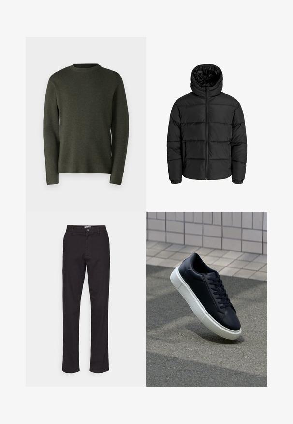 Black puffer jacket with a zip front, hood, and elastic cuffs. Made of smooth, weather-resistant material with a quilted design.; Dark green pullover sweater, made of a soft knit fabric. Round neckline, long sleeves, and a relaxed fit with a smooth texture.; Black cotton trousers with a straight-leg design, featuring a front button closure and side pockets. Smooth texture and minimal detailing.; Black leather sneaker with rounded toe and white rubber sole. Features flat laces and minimal stitching on the upper. Textured sole for grip.