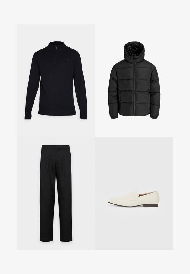 Melna pūkaina jaka ar rāvējslēdzēju priekšā, kapuci un elastīgām piedurknēm. Izgatavota no gludas, laika apstākļiem izturīgas materiāla ar kviltēta dizainu.; Melnā adīta džemperis ar augstu apkakli un ceturtdaļas rāvējslēdzēju, ar ribotām aprocēm un apakšmalu; neliels balts logotips kreisajā krūtī.; Melnas bikses, izgatavotas no gludas auduma, ar taisnu kāju dizainu, divām priekšējām krokām un standarta jostu, kurai ir āķi.; Gai bēša kurpes ar smailu pirkstu, gludu materiālu, siksnu pāri pēdas daļai un zemu brūnu zoli. Vienkāršs dizains ar minimāliem akcentiem.