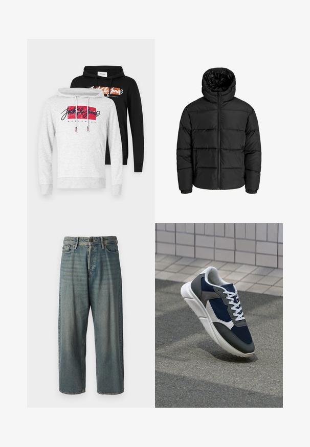 Černá péřová bunda s předním zipem, kapucí a elastickými manžetami. Vyrobena z hladkého, voděodolného materiálu s prošívaným vzorem.; Dvě mikiny: jedna šedá s červenou grafikou a černým nápisem a jedna černá s oranžovou grafikou, obě s nastavitelnými šňůrkami.; Světle modré denimové džíny s volným střihem, středně vysokým pasem a rovnými nohavicemi. Obsahují pět kapes, poutka na opasek a zapínání na knoflík.; Tenisky s horní částí z námornicky modré síťoviny, šedými semišovými akcenty, bílou gumovou podrážkou a plochými bílými tkaničkami, navržené pro pohodlí a prodyšnost.