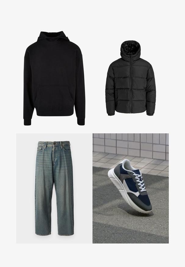 Čierna nadýchaná bunda s predným zipsom, kapucňou a elastickými manžetami. Vyrobená z hladkého, poveternostným podmienkam odolného materiálu s prešívaným dizajnom.; Čierna mikina s kapucňou vyrobená z mäkkej tkaniny, s klokankovou kapsou, rebrovanými manžetami a voľným strihom. Hladký povrch, minimalistický dizajn.; Svetlomodré denimové nohavice so voľným strihom, stredne vysokým pásom a rovnými nohavicami. Obsahujú päť vreciek, pútka na opasok a zapínanie na gombík.; Tenisky s sieťovinou v námorníckej modrej farbe, so sivými semišovými detailmi, bielou gumovou podrážkou a plochými bielymi šnúrkami, navrhnuté pre pohodlie a priedušnosť.