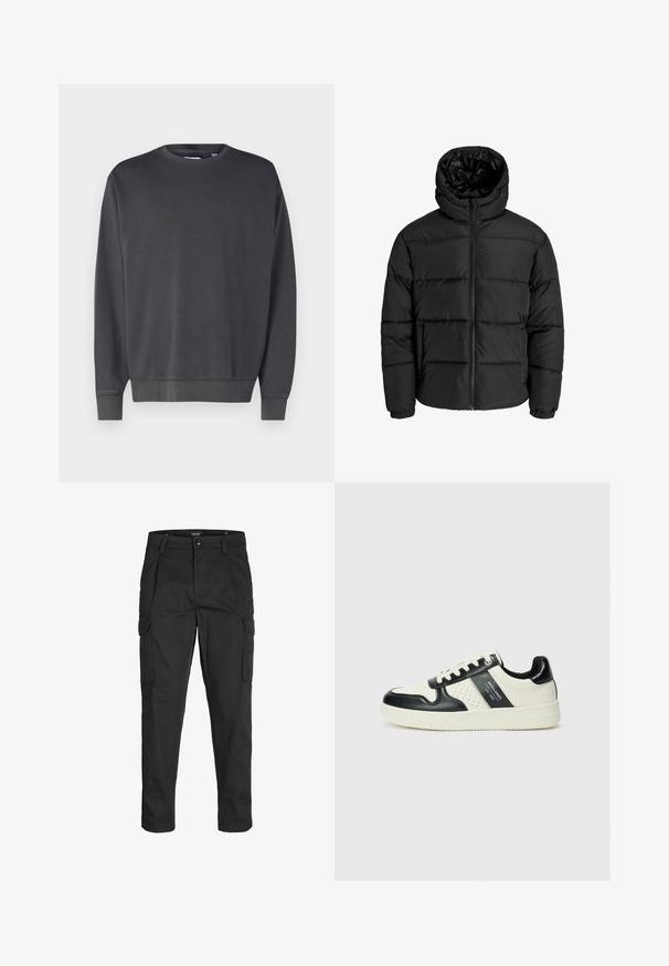 Black puffer jacket with a zip front, hood, and elastic cuffs. Made of smooth, weather-resistant material with a quilted design.; Dark gray sweatshirt with a crew neck, long sleeves, and ribbed cuffs and hem. Made from a soft, textured fabric. Simple design, no visible logos.; Black cargo pants made of sturdy fabric, featuring multiple pockets, a button closure, and a slim fit design with tapered legs.; Leather sneakers with a black and cream color scheme, featuring perforated accents, a padded collar, and a textured outsole.