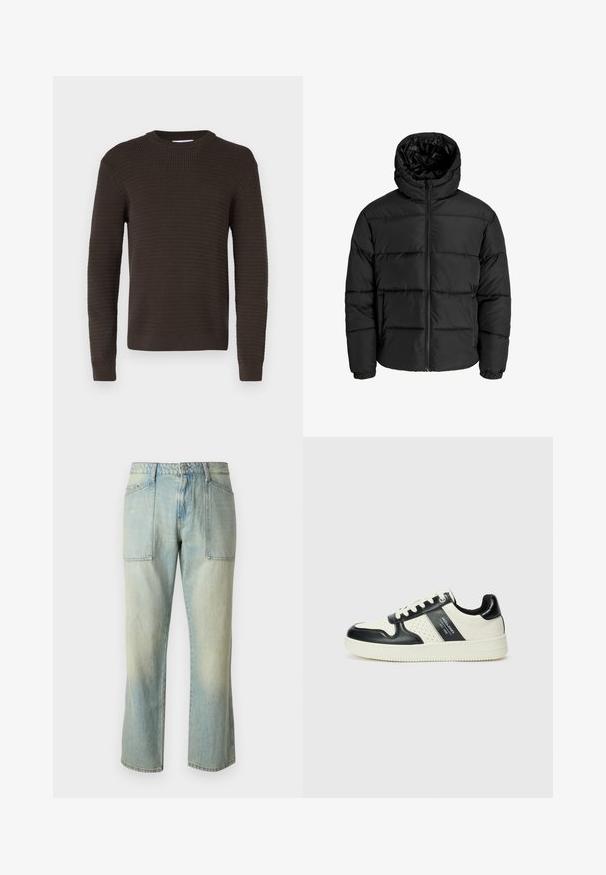 Svart puffjacka med dragkedja fram, huva och elastiska ärmmuddar. Tillverkad av slätt, väderbeständigt material med en quiltad design.; Mörkbrun tröja med en texturerad, ribbad design. Rund halsringning och långa ärmar, med åtsittande manschetter och rak nederkant.; Ljust blå denimbyxor med rak benpassform, synlig sömnad och två stora framfickor. Tyget har en blekt struktur.; Läder sneakers med en svart och krämfärgad färgsättning, med perforerade detaljer, en vadderad krage och en strukturerad yttersula.