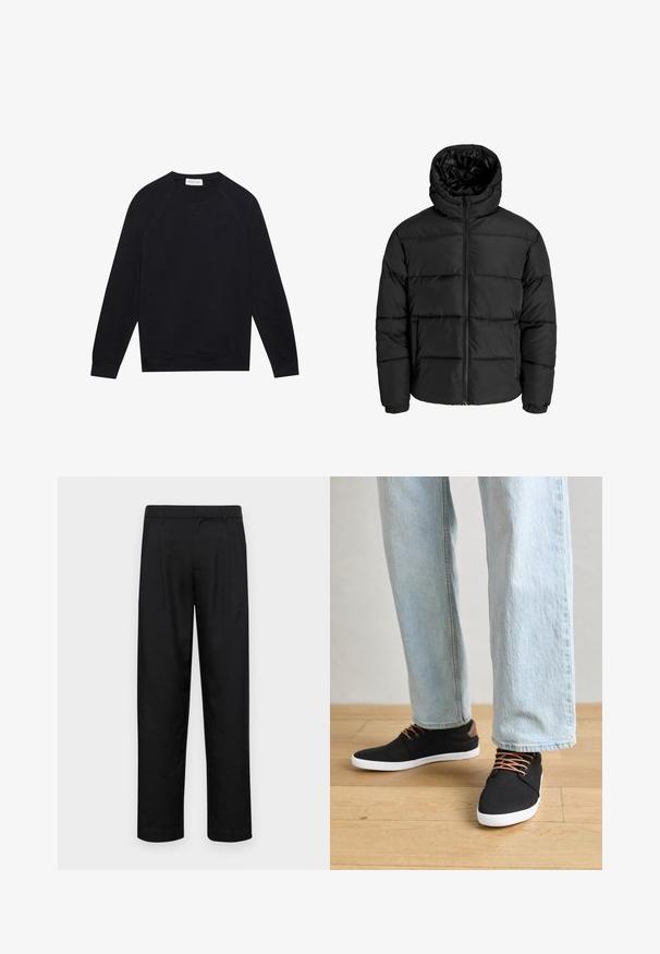 Chaqueta de plumas negra con cierre de cremallera en el frente, capucha y puños elásticos. Hecha de un material suave y resistente a la intemperie con un diseño acolchado.; Sudadera negra de manga larga con cuello redondo, puños y dobladillo acanalados, detalles de costura visibles y una pequeña etiqueta blanca de la marca en el interior del cuello.; Pantalones negros de tela suave, con un diseño de pierna recta, dos pliegues frontales y una cintura estándar con trabillas para el cinturón.; Zapatillas de lona negras con detalles marrones, suelas de goma blanca y cordones marrones, combinadas con jeans rectos de color azul claro. Fondo de suelo de madera.