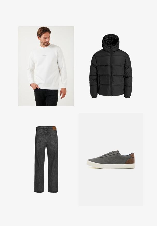 Chaqueta de plumas negra con cierre de cremallera en el frente, capucha y puños elásticos. Hecha de un material suave y resistente a la intemperie con un diseño acolchado.; Sudadera blanca hecha de una mezcla de algodón, con cuello redondo, mangas largas y un pequeño logotipo gris en el pecho.; Jeans de mezclilla negra con un diseño de pierna recta, estilo de cinco bolsillos y un parche de cuero marrón en la cinturilla. Tejido texturizado con detalles de costura.; Zapatillas de lona grises con una suela de goma blanca y un acento de cuero marrón en el talón, con cordones grises y detalles de costura sutiles.