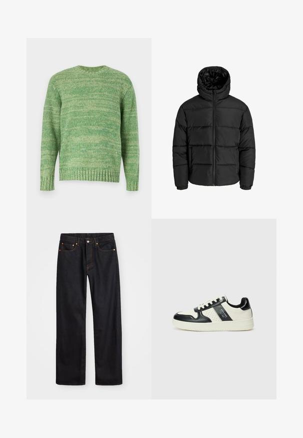 Czarna kurtka puchowa z zamkiem błyskawicznym z przodu, kapturem i elastycznymi mankietami. Wykonana z gładkiego, odpornego na warunki atmosferyczne materiału z pikowanym wzorem.; Jack & Jones JORWINTER zielony; Męskie jeansy w prostym kroju, czarne, z pięcioma kieszeniami oraz pomarańczowymi strefami, z zapięciem na guzik i zamek z przodu w pasie.; Skórzane sneakersy w czarno-kremowym schemacie kolorystycznym, z perforowanymi akcentami, wyściełanym kołnierzem i teksturowaną podeszwą.
