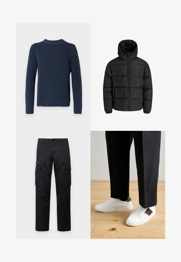 Must mühiga, millel on lukuga eesmine ja kapuuts, ning elastsed mansetid. Valmistatud siledast, ilmastikukindlast materjalist, mis on tikitud disainiga.; Tumedat sinise värvi ribakudumiga sviiter pika varrukaga ja ümmarguse kaelusega. Omab tekstuurset, vertikaalset mustrit ja väikest logo alläärmisel.; Mustad mustree püksid, millel on mitu taskut, lukuulukuga tasku reie peal, sirge lõige ja tugevast puuvillast materjal, millel on kerge läige.; Valged sneakersid siledat tekstuurist, millel on pruunad nahast detailid ja mustad aksessuaarid, millele on sobitatud mustad kohandatud püksid. Puitpõranda taust.