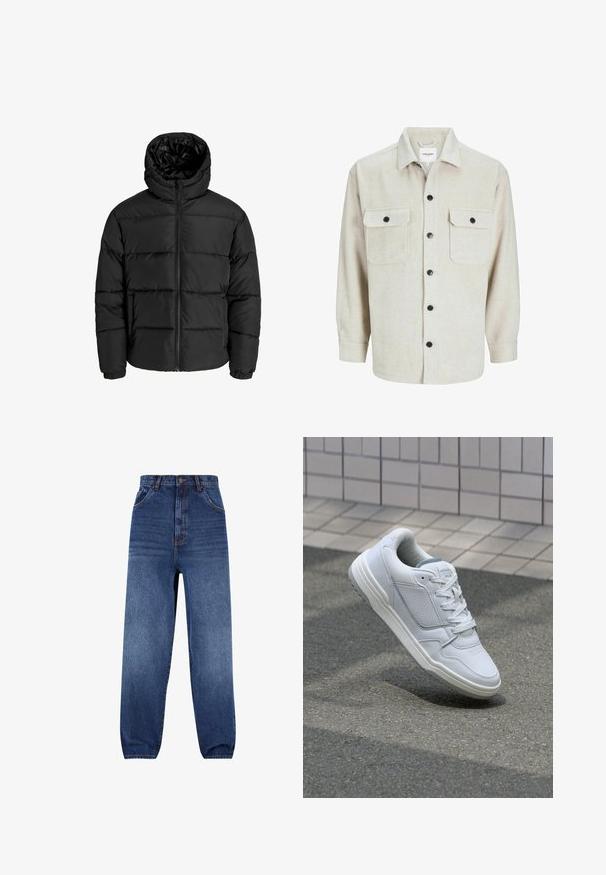 Juodas pūkuotas džemperis su užtrauktuku, kapišonu ir elastinėmis rankovėmis. Pagamintas iš glotnių, oro sąlygoms atsparių medžiagų su siuvinėjimo raštu.; Bežinė flanelinė marškinė su apykakle, turinčiais dvi krūtinės kišenes, juodais mygtukais ir ilgomis rankovėmis su mygtukais.; Tamsiai mėlynos džinsinės kelnės. Aukšta juosmens linija su laisvu pritaikymu. Yra priekinės kišenės ir subtilus dėvėjimo efektas kojose.; Baltos odinės sportinės bateliai su perforuotais šonais, tekstūruotais akcentais, plokščiomis raištelėmis ir kontrastingu pilku kulnu. Yra šiek tiek pakelti padas.