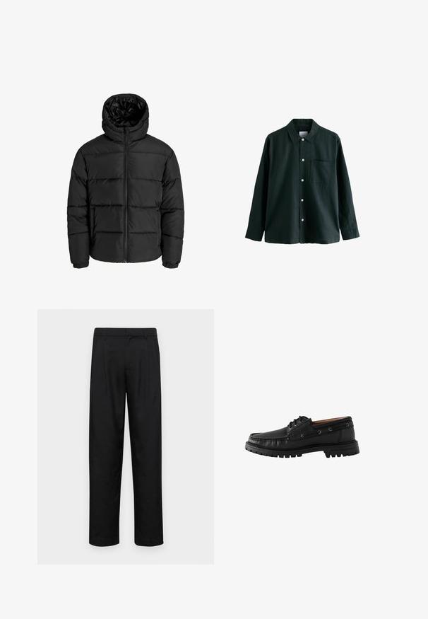 Musta puhvijakku, jossa on vetoketjukiinnitys, huppu ja joustavat hihansuut. Valmistettu sileästä, säänkestävästä materiaalista, jossa on tikkikuvio.; Tummanvihreä napitettava paita, jossa on kaulus, pitkät hihat ja yksi rintatasku; siinä on valkoiset napit ja pehmeä tekstuuri.; Mustat housut, jotka on valmistettu sileästä kankaasta, suoran lahkeen muotoilulla, kahdella etupleekillä ja tavanomaisella vyötäröllä, jossa on vyölenkit.; Musta nahkainen veneenkenkä, jossa on pyöristetty kärki, nauhakiinnitys ja teksturoitu kumipohja. Sisältää ompeluakoristeet ja metalliset nauha-aukot.