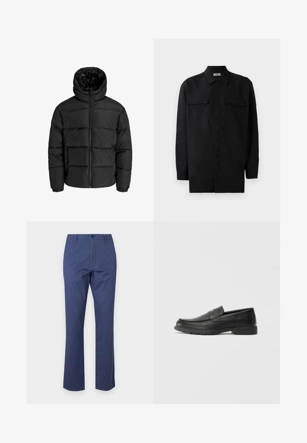 Črna puf jakna z zadrgo spredaj, kapuco in elastičnimi manšetami. Narejena iz gladkega, vremensko odpornega materiala s prešitim dizajnom.; Črn srajčni zgornji del iz gladkega materiala, s klasičnim ovratnikom, dvema sprednjima žepoma in dolgimi rokavi z gumbi na manšetah.; Temno modri bombažni hlače z zadrgo, sprednjimi žepi in naravnim krojem. Gladka tekstura z gumbom za zapiranje v pasu.; Črne usnjene loafer čevlje z gladko površino, zgornjim delom v slogu mokasin, šivanimi detajli in gumijastim podplatom. Klasična zasnova z nizko peto.