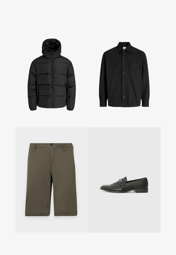 Sort foret jakke med lynlås foran, hætte og elastiske manchetter. Lavet af glat, vejrbestandigt materiale med en quiltet design.; Sort langærmet skjorte med knaplukning og krave samt en enkelt brystlomme med knaplukning.; Kaki shorts lavet af robust stof med flad front, bæltesløjfer og knaplukning; har to sidelommer og pæne syninger.; Sorte læder loafers med en glat finish, der har et syet design og et dekorativt metal kædeaccent hen over vamps. Flad hæl.
