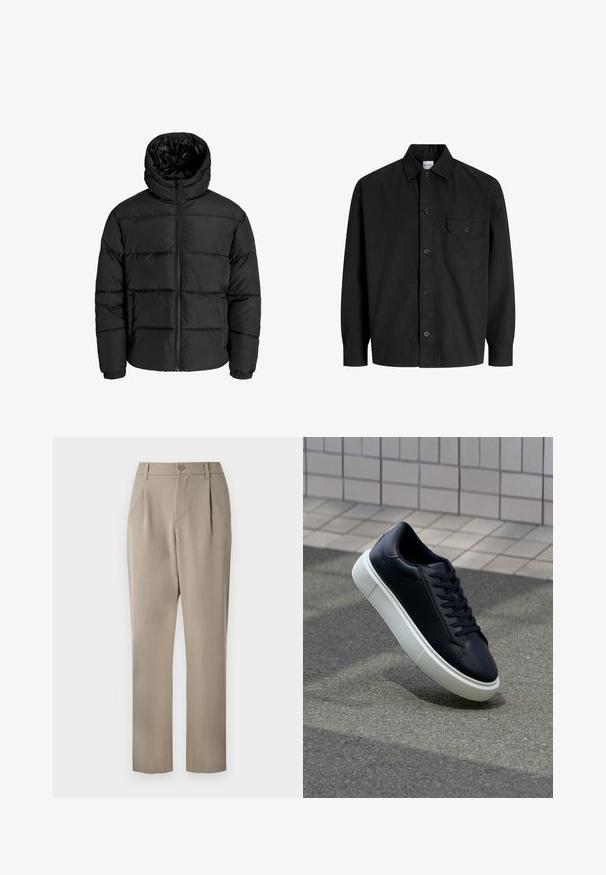 Giubbotto imbottito nero con zip frontale, cappuccio e polsini elastici. Realizzato in materiale liscio e resistente alle intemperie con un design trapuntato.; Camicia nera a maniche lunghe con bottoni, colletto e una tasca sul petto con patella chiusa da un bottone.; Pantaloni khaki con design a gamba dritta, dotati di chiusura con bottone e fronte plissettato. Realizzati in tessuto liscio con finitura opaca.; Sneaker in pelle nera con punta arrotondata e suola in gomma bianca. Presenta lacci piatti e cuciture minime sulla parte superiore. Suola testurizzata per una migliore aderenza.