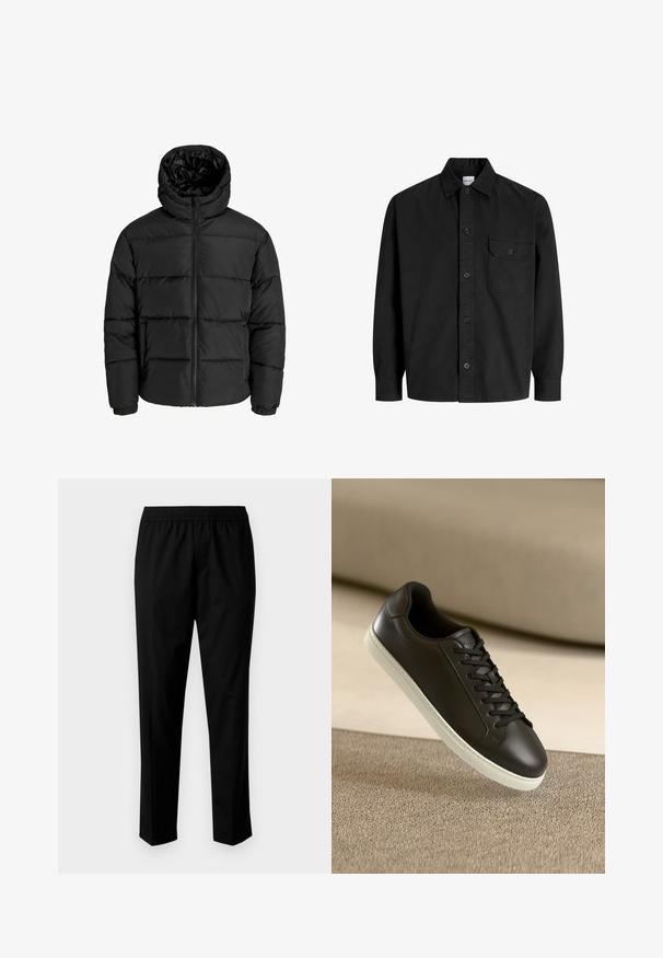 Melna pūkaina jaka ar rāvējslēdzēju priekšā, kapuci un elastīgām piedurknēm. Izgatavota no gludas, laika apstākļiem izturīgas materiāla ar kviltēta dizainu.; Melna garām piedurknēm pogājama kreklā ar apkakli un vienu krūšu kabatu ar pogājamā vāka dizainu.; Melni bikses ar elastīgu jostu, kurām ir taisna kāja. Audums izskatās gluds ar matētu tekstūru, nav redzamas rakstzīmes.; Melnas ādas sporta kurpes ar baltu gumijas zoli un melnām auklām, novietotas uz bēša auduma virsmas un fona.