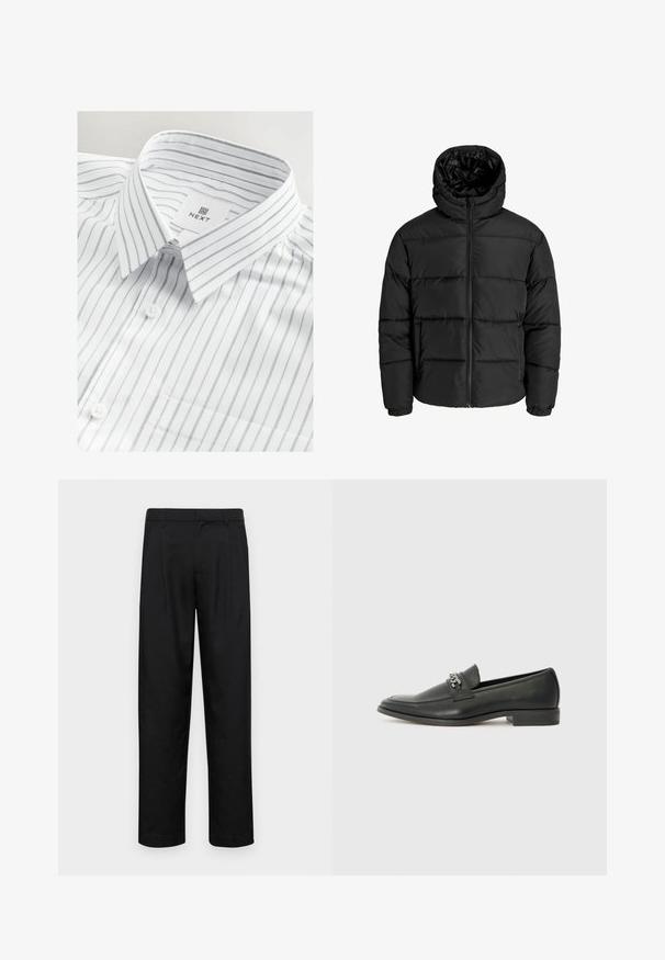 Chaqueta de plumas negra con cierre de cremallera en el frente, capucha y puños elásticos. Hecha de un material suave y resistente a la intemperie con un diseño acolchado.; Camisa blanca de vestir con finas rayas verticales grises, cuello abotonado, un bolsillo en el pecho y etiqueta de marca cosida en el interior del cuello.; Pantalones negros de tela suave, con un diseño de pierna recta, dos pliegues frontales y una cintura estándar con trabillas para el cinturón.; Mocasín de cuero negro con un acabado suave, que cuenta con un diseño de costura y un acento decorativo de cadena de metal en el empeine. Tacón plano.