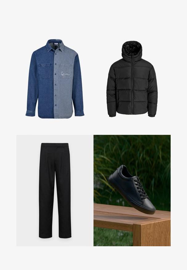 Čierna nadýchaná bunda s predným zipsom, kapucňou a elastickými manžetami. Vyrobená z hladkého, poveternostným podmienkam odolného materiálu s prešívaným dizajnom.; Džínová košeľa s tmavomodrým pevným ľavým pásom a svetlomodrým pruhovaným pravým pásom, s náprsným vreckom a výšivkou loga.; Čierne nohavice vyrobené z hladkej tkaniny, s rovnými nohavicami, dvoma prednými skladmi a štandardným pásom s pútkami na opasok.; Čierna kožená teniska s hladkou textúrou, okrúlym špičkou a plochými šnúrkami, umiestnená nad dreveným povrchom s zelenou trávou v pozadí.