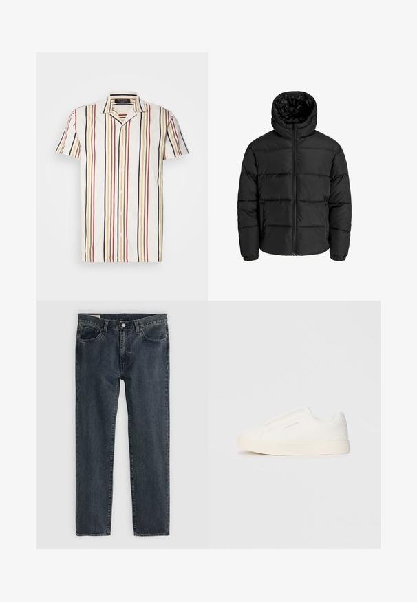 Schwarze Pufferjacke mit Reißverschluss, Kapuze und elastischen Bündchen. Hergestellt aus glattem, wetterbeständigem Material mit gestepptem Design.; Kurzärmliges Hemd in Weiß mit vertikalen Streifen in Rot, Gelb und Marineblau. Verfügt über einen geschlitzten Kragen und leichten Stoff.; Dunkelblaue Jeans aus Denim mit geradem Bein, fünf Taschen und einem Knopfverschluss. Der Stoff weist eine subtile Ausbleichung und Textur auf.; Weiße Slip-On-Sneaker mit einer strukturierten Oberfläche, dicker Sohle und minimalistischem Design. Mit Logo der Marke an der Seite.