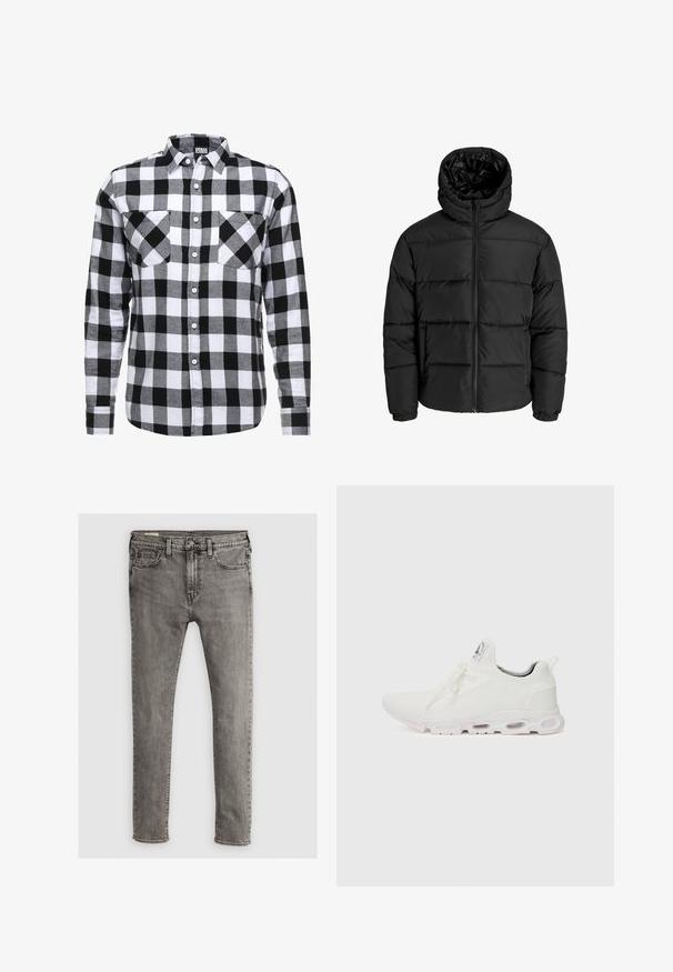 Jachetă puffer neagră cu fermoar în față, glugă și manșete elastice. Fabricată dintr-un material neted, rezistent la intemperii, cu un design matlasat.; Cămașă în carouri negre și albe, cu mâneci lungi, două buzunare pe piept și guler standard. Fabricată dintr-un material moale.; Jeans din denim gri, cu un design ajustat, stil cu cinci buzunare și detalii cusute pe cusături. Textură netedă, talie standard.; Adidași albi cu un superior din țesătură texturată, șireturi plate și o talpă cu perne de aer vizibile pentru suport suplimentar.