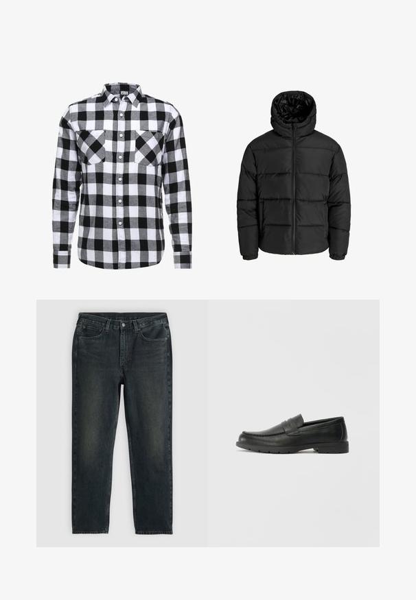 Jachetă puffer neagră cu fermoar în față, glugă și manșete elastice. Fabricată dintr-un material neted, rezistent la intemperii, cu un design matlasat.; Cămașă în carouri negre și albe, cu mâneci lungi, două buzunare pe piept și guler standard. Fabricată dintr-un material moale.; Blugi din denim de culoare albastru închis, cu croi drept, având cinci buzunare, fermoar și cusături în contrast. Ușor uzate pe material.; Labeled cu oglindă din piele neagră cu un finisaj neted, partea superioară în stil mocasin, detalii cusute și o talpă din cauciuc. Design clasic cu un toc jos.