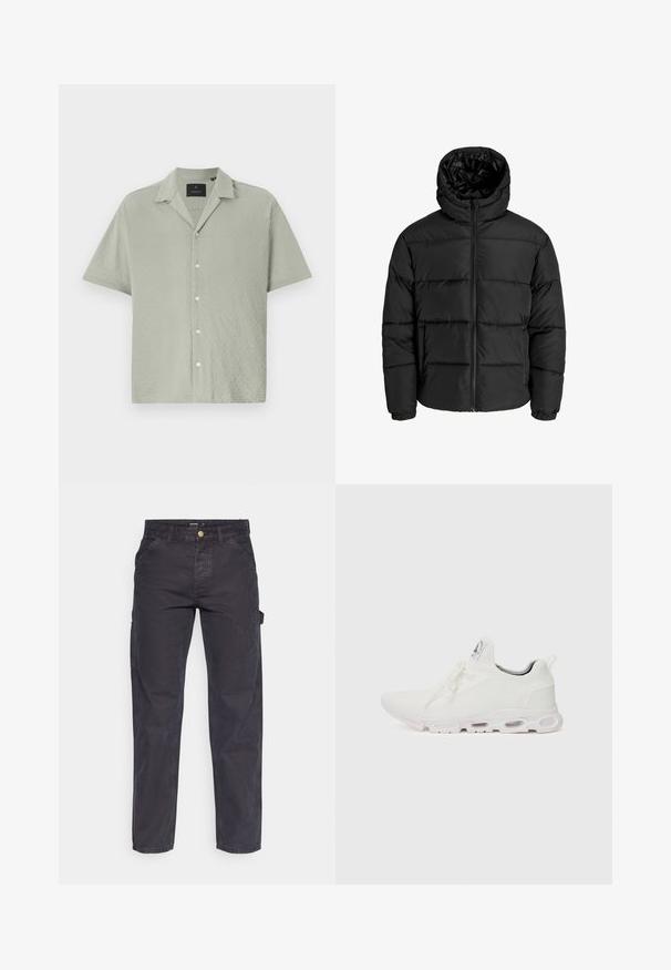 Black puffer jacket with a zip front, hood, and elastic cuffs. Made of smooth, weather-resistant material with a quilted design.; Short-sleeve button-up shirt in light green, textured fabric with a diamond pattern, featuring a notched collar and front button closure.; Dark gray cargo pants made of durable fabric, featuring a straight-leg cut, five pockets, and a button closure at the waist.; White athletic shoes featuring a textured knit upper, flat laces, and a cushioned sole with visible air chambers for added support.