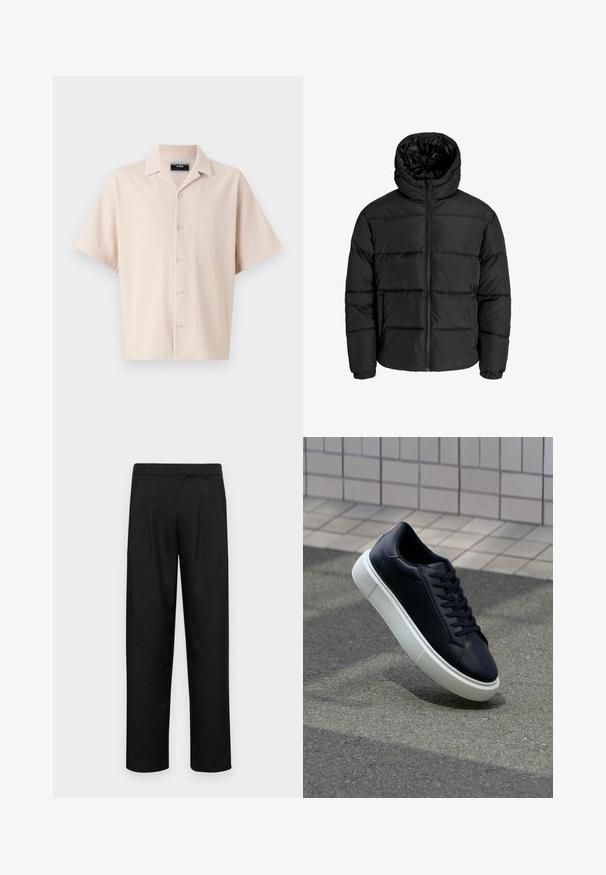 Chaqueta de plumas negra con cierre de cremallera en el frente, capucha y puños elásticos. Hecha de un material suave y resistente a la intemperie con un diseño acolchado.; Camisa de manga corta beige con cuello, con rayas verticales, cierre de botones y un ajuste relajado. Textura suave.; Pantalones negros de tela suave, con un diseño de pierna recta, dos pliegues frontales y una cintura estándar con trabillas para el cinturón.; Zapatilla de cuero negro con punta redonda y suela de goma blanca. Presenta cordones planos y un mínimo de costuras en la parte superior. Suela texturizada para proporcionar agarre.