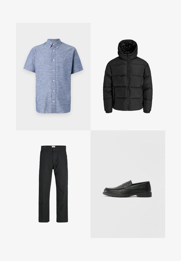 Fekete puffernadrág cipzárral, kapucnival és elasztikus mandzsettával. Simább, időjárásálló anyagból készült, steppelt kialakítással.; Rövid ujjú, gombos ing világoskék texturált anyagból. Különlegessége a gallér, az elülső gombos zárás, és egy apró embléma a mellrészen.; Fekete nadrág tartós anyagból, egyenes szárú kialakítással, varrott díszítésekkel és két elülső zsebbel a funkciók érdekében.; Fekete bőr mokaszinok sima felülettel, a mokaszin stílusú felsőrésszel, varrott részletezéssel és gumitalppal. Klasszikus dizájn alacsony sarokkal.