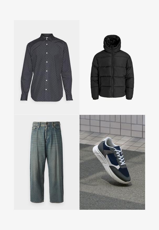 Melna pūkaina jaka ar rāvējslēdzēju priekšā, kapuci un elastīgām piedurknēm. Izgatavota no gludas, laika apstākļiem izturīgas materiāla ar kviltēta dizainu.; Jack & Jones JJJOE PRINT SHIRT - Formāls krekls - black/ditsy; Gaiši zili džinsi ar brīvu piegriezumu, vidējo jostas augstumu un taisnām kājām. Satur piecas kabatas, jostas cilpas un pogu aizdari.; Sporta apavi ar tumši zilas krāsas tīkla augšdaļu, pelēku zamšādas akcentiem, baltu gumijas zoli un plakaniem baltiem šņorēm, kas izstrādāti komfortam un elpojamībai.