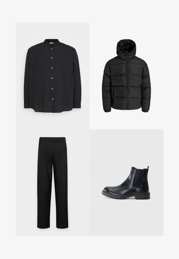 Jachetă puffer neagră cu fermoar în față, glugă și manșete elastice. Fabricată dintr-un material neted, rezistent la intemperii, cu un design matlasat.; Cămașă neagră cu mânecă lungă, cu guler de tip bandă și închidere cu buton. Fabricată dintr-un material ușor, având o croială lejeră și o textură subtilă.; Pantaloni negri dintr-un material neted, cu un design drept, două pliuri frontale și un tiv standard cu bucle pentru curea.; Bocanci Chelsea din piele neagră, cu panouri laterale elastice, vârf rotunjit și talpă din cauciuc antiderapant. Design minimalist cu o bandă de prindere.