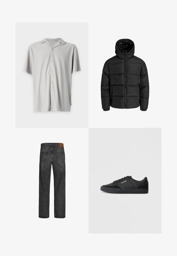 Chaqueta de plumas negra con cierre de cremallera en el frente, capucha y puños elásticos. Hecha de un material suave y resistente a la intemperie con un diseño acolchado.; Camisa de botón de manga corta, de color gris claro, fabricada en tejido acanalado, con un corte relajado, cuello y cinco botones metálicos en la parte delantera.; Jeans de mezclilla negra con un diseño de pierna recta, estilo de cinco bolsillos y un parche de cuero marrón en la cinturilla. Tejido texturizado con detalles de costura.; Zapatillas negras con una combinación de materiales de cuero y ante, con cordones redondos, suela de goma texturizada y un logo de la marca en el lateral.