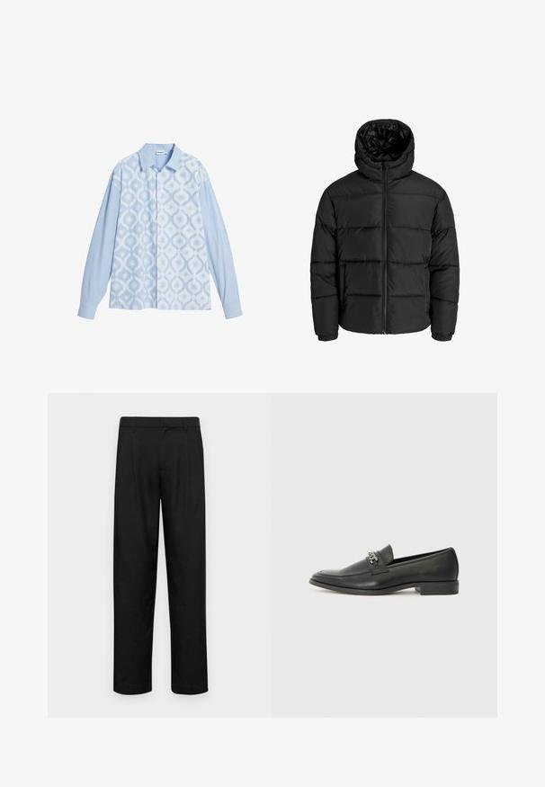 Juodas pūkuotas džemperis su užtrauktuku, kapišonu ir elastinėmis rankovėmis. Pagamintas iš glotnių, oro sąlygoms atsparių medžiagų su siuvinėjimo raštu.; Mėlynas raštuotas marškiniai, su deriniu iš deimantų ir juostelių dizainų, ilgomis rankovėmis ir klasikine apykakle. Lengvas audinys.; Juodi kelnių modeliai, pagaminti iš lygios medžiagos, turi tiesią kojas, du priekiniai klostės ir standartinę juosmenį su diržo kilpomis.; Juodos odinės loafer tipo bateliai su lygiu paviršiumi, turintys siuvinėtą dizainą ir dekoratyvų metalo grandinėlės akcentą ant batų viršaus. Plokščias kulnas.