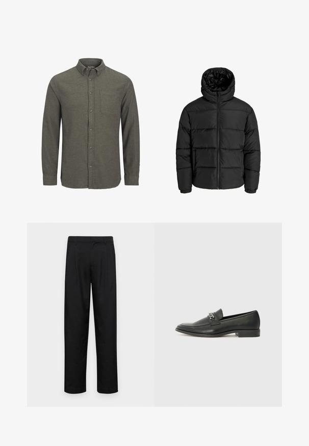 Zwarte pufferjack met een rits aan de voorkant, capuchon en elastische manchetten. Gemaakt van glad, weerbestendig materiaal met een gestikt ontwerp.; Groene button-up shirt van textuurstof, met een puntige kraag, een enkele borstzak en lange mouwen met knoopmanchetten.; Zwarte broeken van gladde stof, met een recht model, twee voorknikken en een standaard tailleband met riemlussen.; Zwarte leren instapper met een gladde afwerking, voorzien van een gestikt ontwerp en een decoratieve metalen kettingaccent over de wreef. Platte hak.