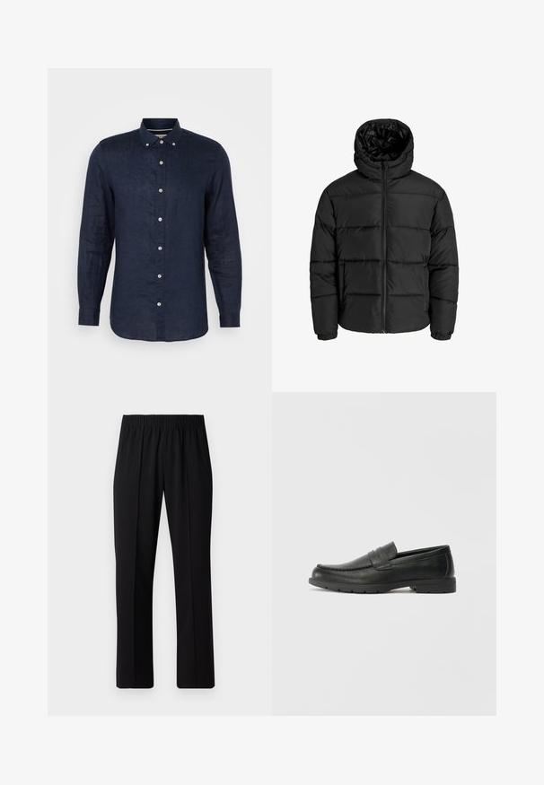 Giubbotto imbottito nero con zip frontale, cappuccio e polsini elastici. Realizzato in materiale liscio e resistente alle intemperie con un design trapuntato.; Camicetta blu navy a maniche lunghe in lino, con colletto button-down, sei bottoni davanti e orlo leggermente curvato.; Pantaloni neri con vita elasticizzata e design a gamba dritta, caratterizzati da una texture liscia e senza motivi o hardware visibili.; Mocassini neri in pelle con una finitura liscia, parte superiore in stile mocassino, dettagli cuciti e suola in gomma. Design classico con tacco basso.