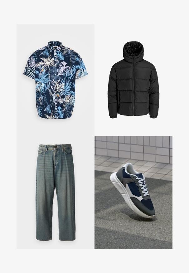 Czarna kurtka puchowa z zamkiem błyskawicznym z przodu, kapturem i elastycznymi mankietami. Wykonana z gładkiego, odpornego na warunki atmosferyczne materiału z pikowanym wzorem.; Koszula z krótkim rękawem z guzikami, z granatowym tłem ozdobionym jasnoniebieskim, białym i pomarańczowym tropikalnym wzorem liści i ptaków. Wykonana z bawełny.; Jasnoniebieskie dżinsy o luźnym kroju, średnim stanie i prostych nogawkach. Posiadają pięć kieszeni, szlufki na pasek oraz zapięcie na guzik.; Sneakers z granatową siateczkową cholewką, szarymi zamszowymi akcentami, białą gumową podeszwą i płaskimi białymi sznurówkami, zaprojektowane z myślą o komforcie i wentylacji.