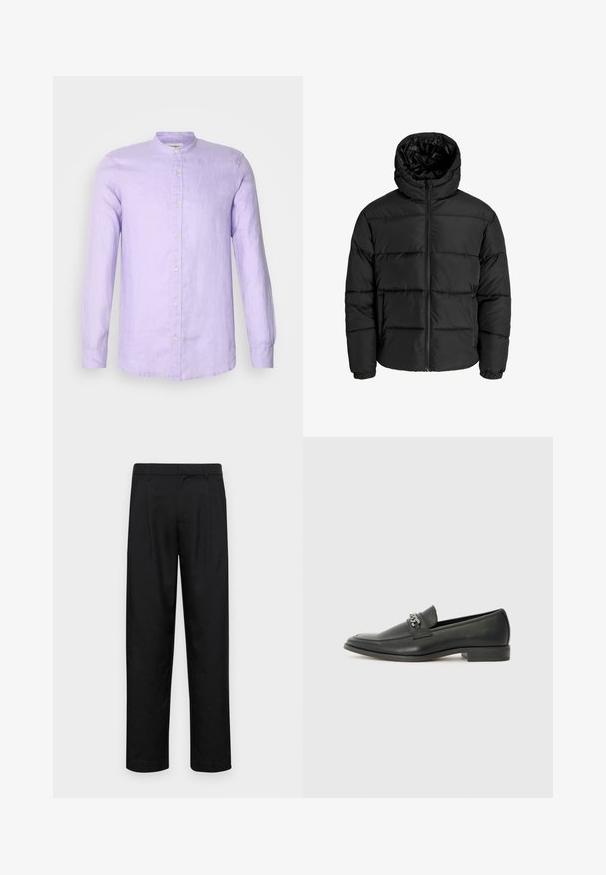 Czarna kurtka puchowa z zamkiem błyskawicznym z przodu, kapturem i elastycznymi mankietami. Wykonana z gładkiego, odpornego na warunki atmosferyczne materiału z pikowanym wzorem.; Koszula z długim rękawem zapinana na guziki w jasnolawendowym lnie z kołnierzem stojącym i przednim zapięciem na guziki. Gładka tekstura z luźnym krojem.; Czarne spodnie wykonane z gładkiego materiału, z prostą nogawką, dwoma fałdami z przodu oraz standardowym paskiem z wypustkami na pasek.; Czarne skórzane mokasyny o gładkim wykończeniu, z haftowanym wzorem i dekoracyjnym akcentem z metalowego łańcucha na wierzchu. Płaska pięta.