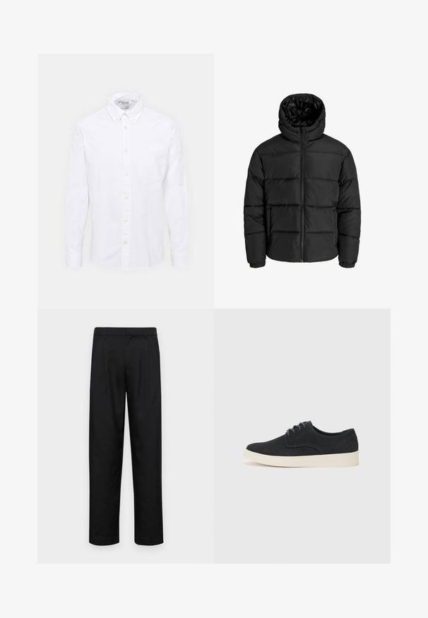 Čierna nadýchaná bunda s predným zipsom, kapucňou a elastickými manžetami. Vyrobená z hladkého, poveternostným podmienkam odolného materiálu s prešívaným dizajnom.; Biela košeľa na gombíky vyrobená z bavlny. Má klasický golier, predné vrecko a dlhé rukávy. Hladký povrch s jemným leskom.; Čierne nohavice vyrobené z hladkej tkaniny, s rovnými nohavicami, dvoma prednými skladmi a štandardným pásom s pútkami na opasok.; Čierne semišové šnurovacie topánky s okrúhlou špičkou, ľahkou krémovou podrážkou a jemnými modrými švy na vrchu.