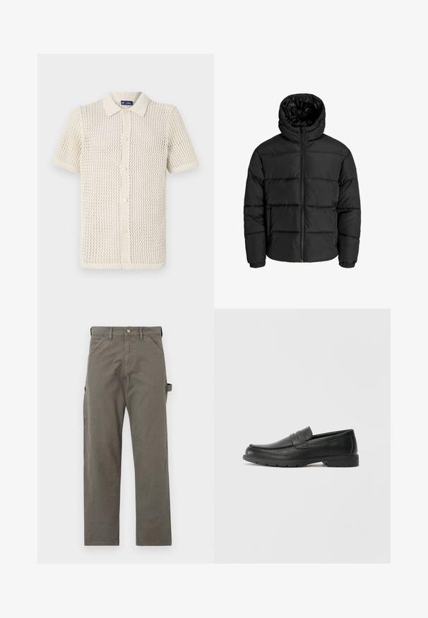 Giubbotto imbottito nero con zip frontale, cappuccio e polsini elastici. Realizzato in materiale liscio e resistente alle intemperie con un design trapuntato.; Polo a maniche corte in maglia color crema con un motivo testurizzato e a trama aperta. Chiusura con cinque bottoni e bordi a coste.; Pantaloni cargo in cotone grigio scuro con gamba dritta, dotati di tasche laterali e chiusura con bottone in vita. Texture liscia, dettagli minimi.; Mocassini neri in pelle con una finitura liscia, parte superiore in stile mocassino, dettagli cuciti e suola in gomma. Design classico con tacco basso.