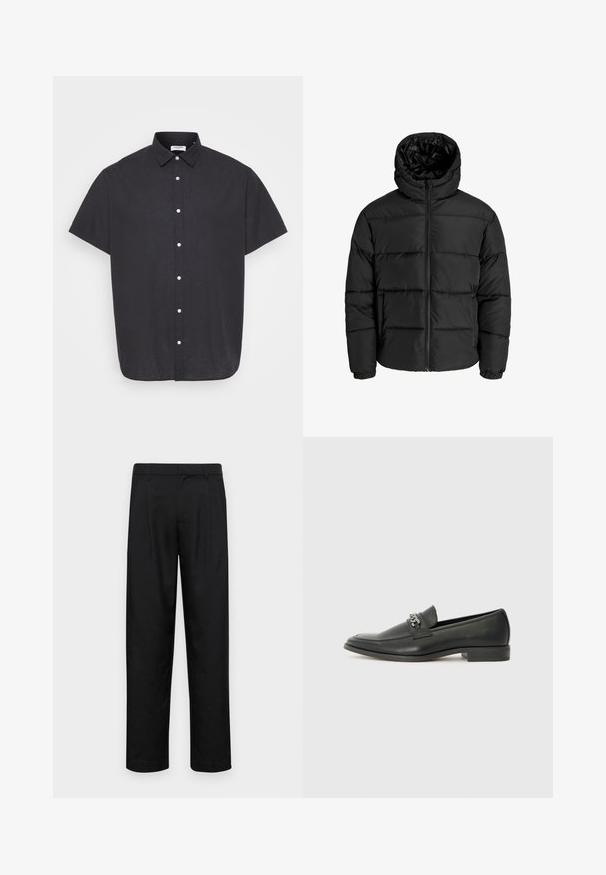 Juodas pūkuotas džemperis su užtrauktuku, kapišonu ir elastinėmis rankovėmis. Pagamintas iš glotnių, oro sąlygoms atsparių medžiagų su siuvinėjimo raštu.; Trumpas rankovėmis juodas marškinis su mygtukais, pagamintas iš lengvos medžiagos, turi klasikinį apykaklę ir baltus mygtukus priekyje.; Juodi kelnių modeliai, pagaminti iš lygios medžiagos, turi tiesią kojas, du priekiniai klostės ir standartinę juosmenį su diržo kilpomis.; Juodos odinės loafer tipo bateliai su lygiu paviršiumi, turintys siuvinėtą dizainą ir dekoratyvų metalo grandinėlės akcentą ant batų viršaus. Plokščias kulnas.