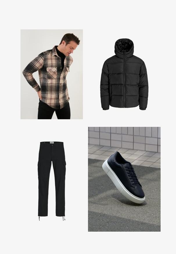 Musta puhvijakku, jossa on vetoketjukiinnitys, huppu ja joustavat hihansuut. Valmistettu sileästä, säänkestävästä materiaalista, jossa on tikkikuvio.; Buratti DOUBLE POCKET - Vapaa-ajan kauluspaita - black; Mustat cargo-housut suoran leikkauksen, joissa on sivutaskut, napillinen suljenta ja joustavat nyörit nilkoissa. Valmistettu kestävästä kankaasta.; Mustat nahkakengät, joissa on pyöristetty kärki ja valkoinen kumipohja. Varusteena litteät nauhat ja minimaalinen ommel ylhäällä. Teksturoitu pohja pitävyyden lisäämiseksi.