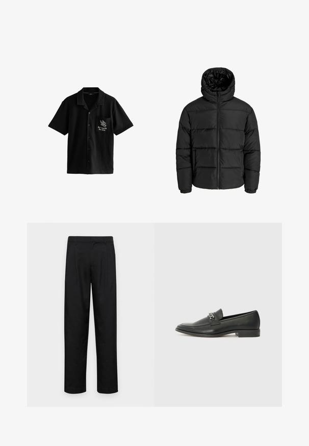 Sort foret jakke med lynlås foran, hætte og elastiske manchetter. Lavet af glat, vejrbestandigt materiale med en quiltet design.; Sort kortærmet skjorte lavet af blødt stof, med knaplukning fortil, spidse kraver og en venstre brystlomme med en ørn og tekstdesign.; Sorte bukser lavet af glat stof, med et lige ben-design, to frontfolder og en standard talje med bæltestropper.; Sorte læder loafers med en glat finish, der har et syet design og et dekorativt metal kædeaccent hen over vamps. Flad hæl.