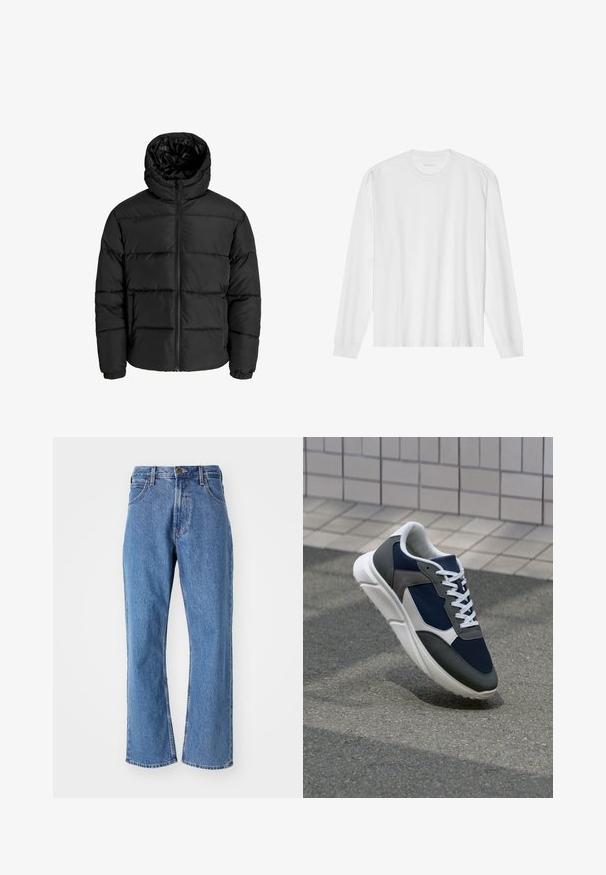 Juodas pūkuotas džemperis su užtrauktuku, kapišonu ir elastinėmis rankovėmis. Pagamintas iš glotnių, oro sąlygoms atsparių medžiagų su siuvinėjimo raštu.; Ilgos rankovės baltas medvilnės marškinėliai su apvaliu kaklu ir raukšlėtomis rankovėmis. Paprastas, be puošmenų dizainas, turintis lygią tekstūrą ir standartinę prigludimą.; Mėlynos aukštai tiesios kojos džinsai su priekinių kišenių, dirželių kilpelių ir sagos uždarymu ant balto fono.; Sportiniai bateliai su tamsiai mėlynu tinkliniu viršumi, pilkais zomšiniais akcentais, balta guma padanga ir plokščiomis baltomis raištelėmis, sukurti komfortui ir oro pralaidumui.