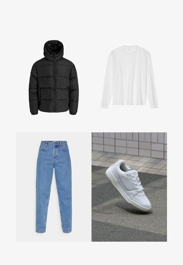 Giubbotto imbottito nero con zip frontale, cappuccio e polsini elastici. Realizzato in materiale liscio e resistente alle intemperie con un design trapuntato.; T-shirt bianca a maniche lunghe in cotone con colletto rotondo e polsi a coste. Design semplice e senza fronzoli, con texture liscia e vestibilità standard.; Jeans in denim blu chiaro, a vita alta con taglio dritto, dotati di cinque tasche e chiusura classica con bottone e zip.; Sneaker bianca in pelle con lati perforati, accenti testurizzati, lacci piatti e tallone grigio a contrasto. Presenta una suola leggermente elevata.
