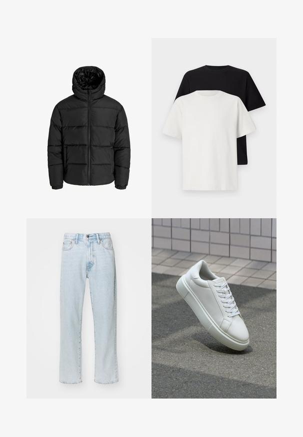 Giubbotto imbottito nero con zip frontale, cappuccio e polsini elastici. Realizzato in materiale liscio e resistente alle intemperie con un design trapuntato.; Set di t-shirt in cotone composto da una maglietta nera e una bianca, entrambe con maniche corte, scollatura rotonda e vestibilità standard. Tessuto testurizzato.; Jeans a gamba diritta di un blu chiaro realizzati in denim, con cinque tasche, chiusura lampo con bottone e un leggero sbiadimento del tessuto.; Sneaker bianco in pelle con superficie liscia, punta rotonda e lacci piatti bianchi. Presenta una suola in gomma texturizzata e un design minimale.
