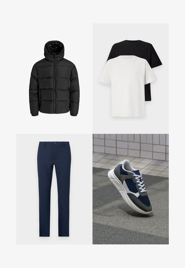 Black puffer jacket with a zip front, hood, and elastic cuffs. Made of smooth, weather-resistant material with a quilted design.; Cotton t-shirt set featuring a black top and a white top, both with short sleeves, round neckline, and standard fit. Textured fabric.; Navy blue trousers made from a smooth fabric, featuring a button closure, front pockets, and a tailored, straight-leg design.; Sneaker featuring a navy blue mesh upper, gray suede accents, white rubber sole, and flat white laces, designed for comfort and breathability.