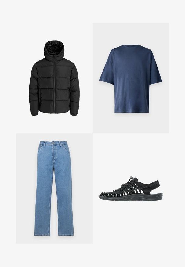 Schwarze Pufferjacke mit Reißverschluss, Kapuze und elastischen Bündchen. Hergestellt aus glattem, wetterbeständigem Material mit gestepptem Design.; Marineblaue Kurzarm-T-Shirt aus weichem Stoff, mit klassischen Rundhalsausschnitt und lockerer Passform, ohne sichtbare Muster oder Akzente.; Helle blaue Denim-Jeans mit geradem Bein und klassischem Fünf-Taschen-Design, ausgestattet mit einem vorderen Knopfverschluss und Gürtelschlaufen. Glatte Textur.; Schwarze Sandale mit geflochtenem Synthetikobermaterial, verstellbarem Schnürverschluss und gepolsterter Sohle. Verfügt über ein offenes Design für Atmungsaktivität.